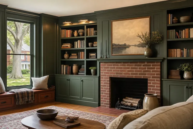 Deep green built-in bookcases and cabinets flanking a brick fireplace with a window seat