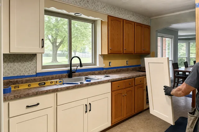 Kitchen mid-refacing: new white shaker doors on one run, dated honey-oak doors still on the next