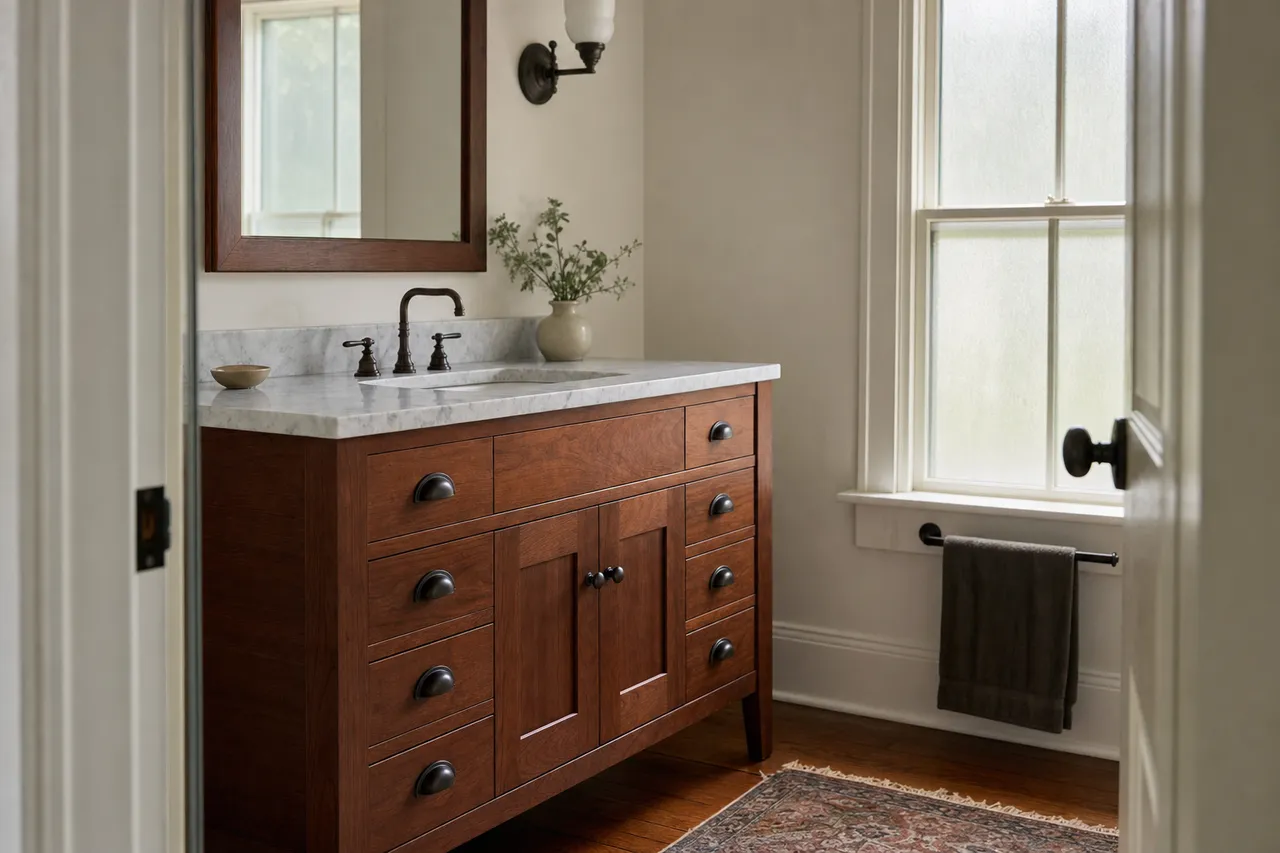 Custom cherry bathroom vanity with a furniture-style base, marble top and bronze cup pulls in an older Owensboro brick home