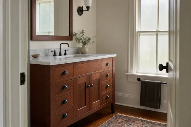 Custom cherry bathroom vanity with a marble top in an older Owensboro brick home