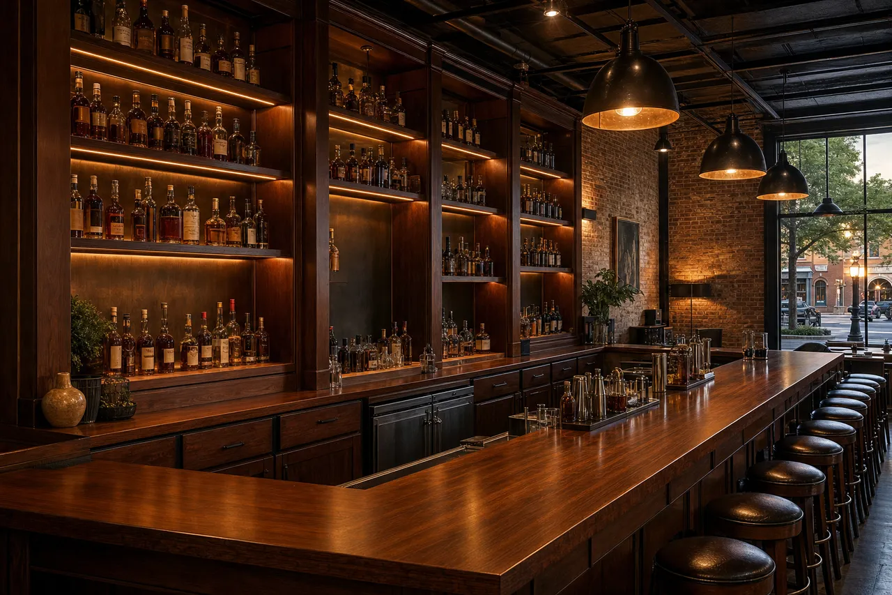 Tall custom cherry back-bar with lit open shelving and rows of bottles in a downtown Owensboro bar, exposed brick and a storefront window