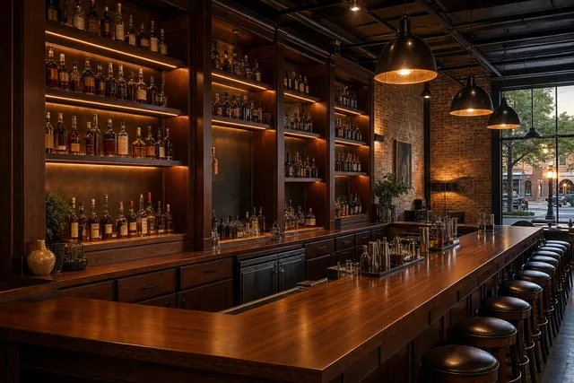 Tall custom cherry back-bar with lit shelving in a downtown Owensboro bourbon bar