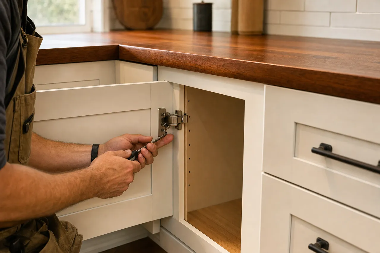 Cabinetmaker adjusting a concealed hinge on a warm-white shaker door next to a cherry countertop in an Owensboro kitchen