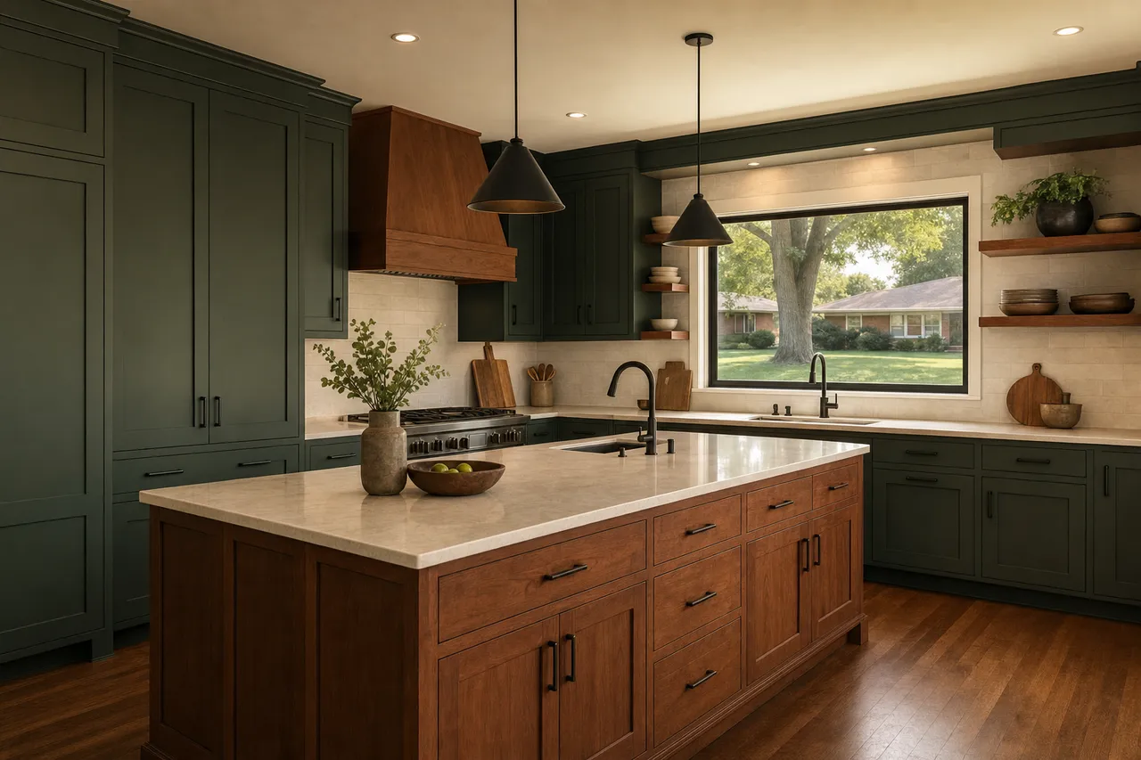 Custom kitchen in a renovated Owensboro brick ranch: deep green shaker cabinets, a cherry island with a stone top, a big oak and the neighbor's brick home out the window
