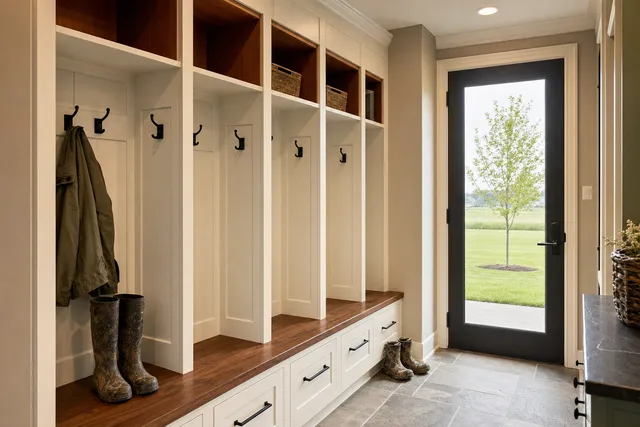 Wall of white mudroom lockers with a cherry bench, muddy boots on the floor