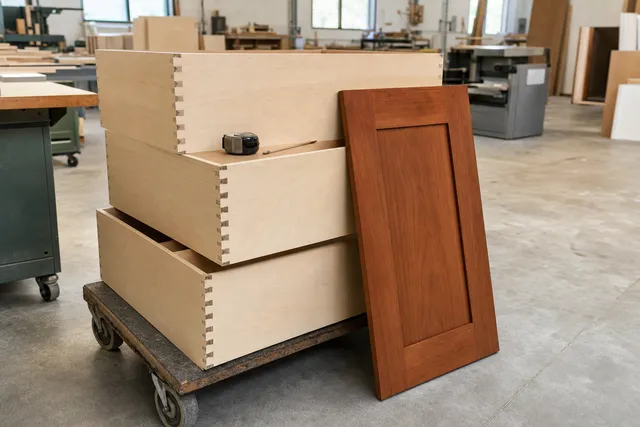 Stack of dovetailed plywood cabinet boxes on a shop dolly next to a finished cherry shaker door